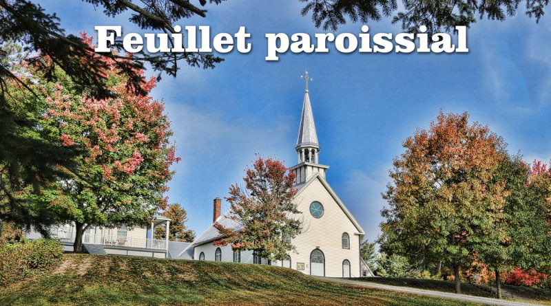 Feuillet paroissial automne 2021 montrant l'église et le presbytère avec les couleurs d'automne